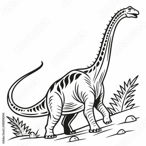 Diplodocus line art icon, Dinosaur, Cretaceous, line art Black vector illustration
