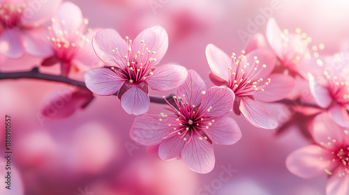 Blossoms of spring burst forth in delicate hues, embracing the warmth of sunlight in a serene landscape