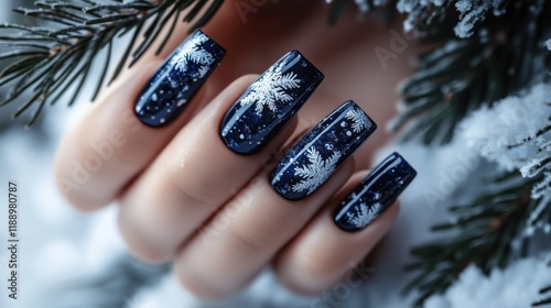 Winter Nail Art Design: Snowflake and Navy Blue photo