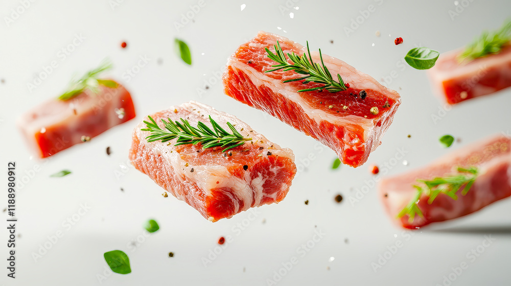Floating pieces of fresh pork belly garnished with herbs and spices create a culinary masterpiece in midair Floating pieces of fresh pork belly garnished with herbs and spices create a culinary masterpiece in midair
