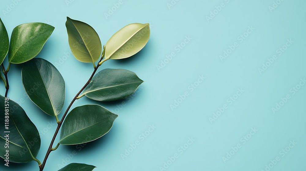 Obraz premium Lush green leaves branch on a light blue background