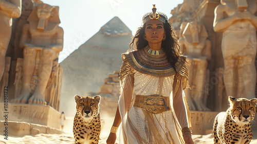 Ancient Egyptian Queen in White Gown with Gold Embroidery, Lapis Lazuli Jewelry, and Iconic Cobra Headdress in Sunlit Desert