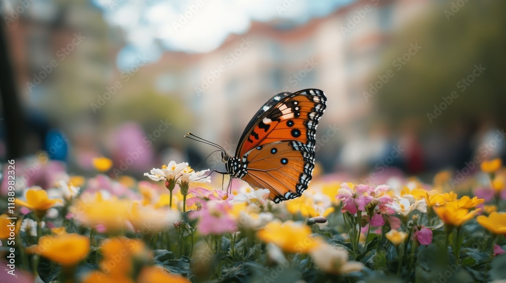 Obraz premium Monarch butterfly gracefully sips nectar from colorful flowers in a city garden, a symbol of nature's beauty and delicate balance