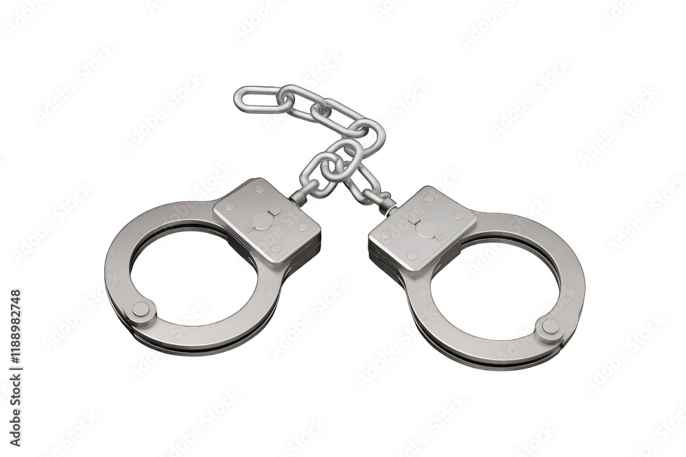 Metal handcuffs with a chain, isolated on transparent background. A symbol of arrest and law enforcement. Metal handcuffs with a chain, isolated on transparent background. A symbol of arrest and law enforcement.