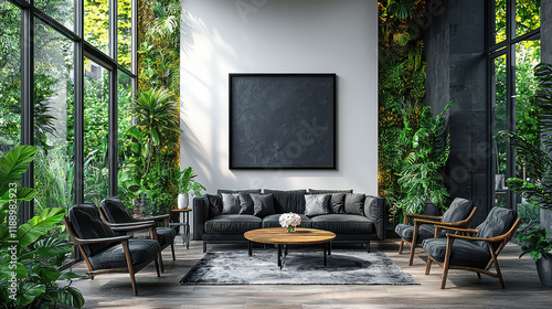 Modern Living Room with Green Wall: A luxuriously appointed living room features a dark gray sofa and armchairs, a round wooden coffee table. photo