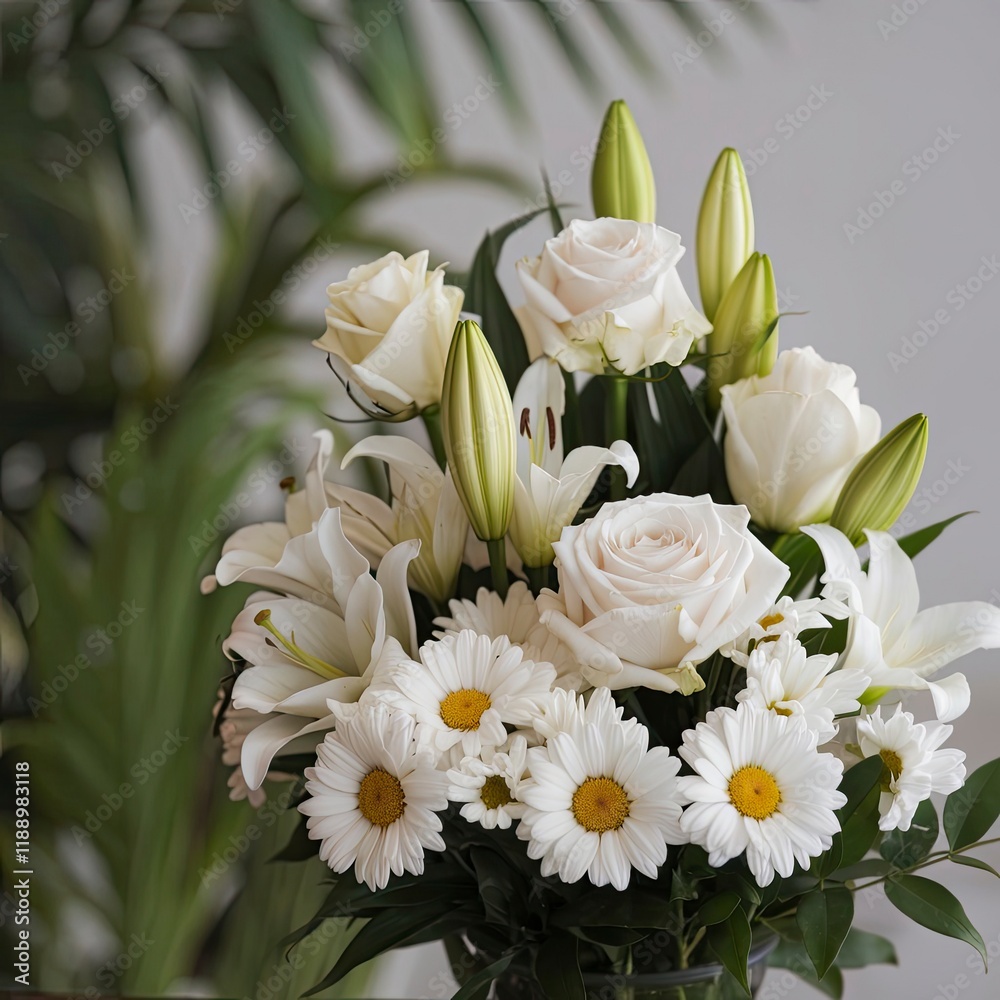 Elegant White Floral Arrangement of Roses, Lilies, and Daisies Elegant White Floral Arrangement of Roses, Lilies, and Daisies