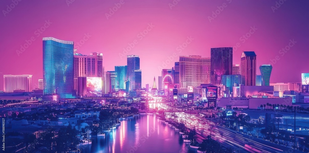 Fototapeta premium Vibrant Neon Cityscape at Twilight Illuminates Skyscrapers