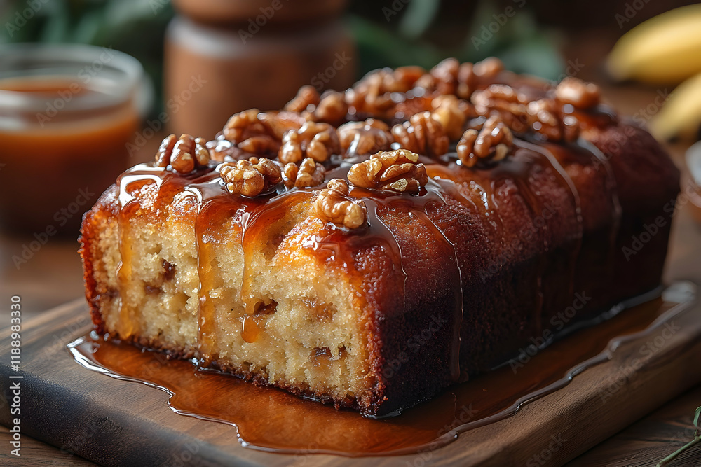 Sliced Banana Nut Bread with Caramel Glaze on Rustic Wooden Board Sliced Banana Nut Bread with Caramel Glaze on Rustic Wooden Board