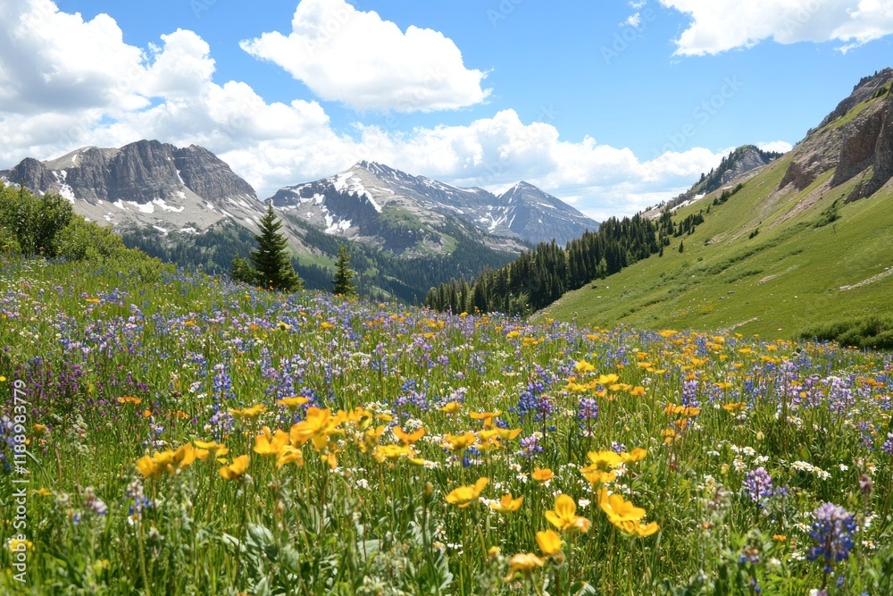 Fototapeta premium Mountain Wildflower Meadow Under a Summer Sky