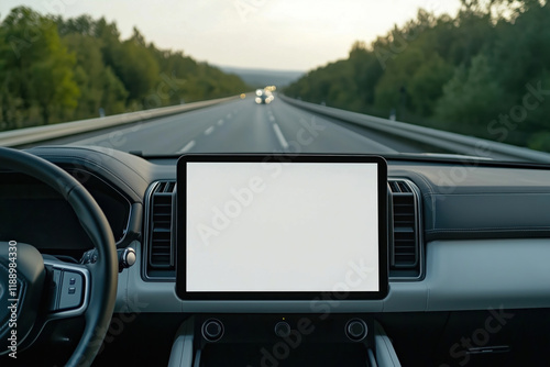 A white blank mock-up touchscreen in a modern car with a minimalist interior driving on the highway