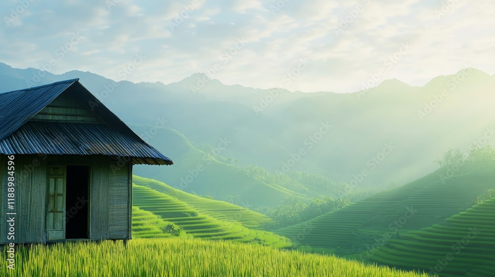 Serene landscape with a rustic house amidst lush green rice terraces and mountain. Serene landscape with a rustic house amidst lush green rice terraces and mountain.