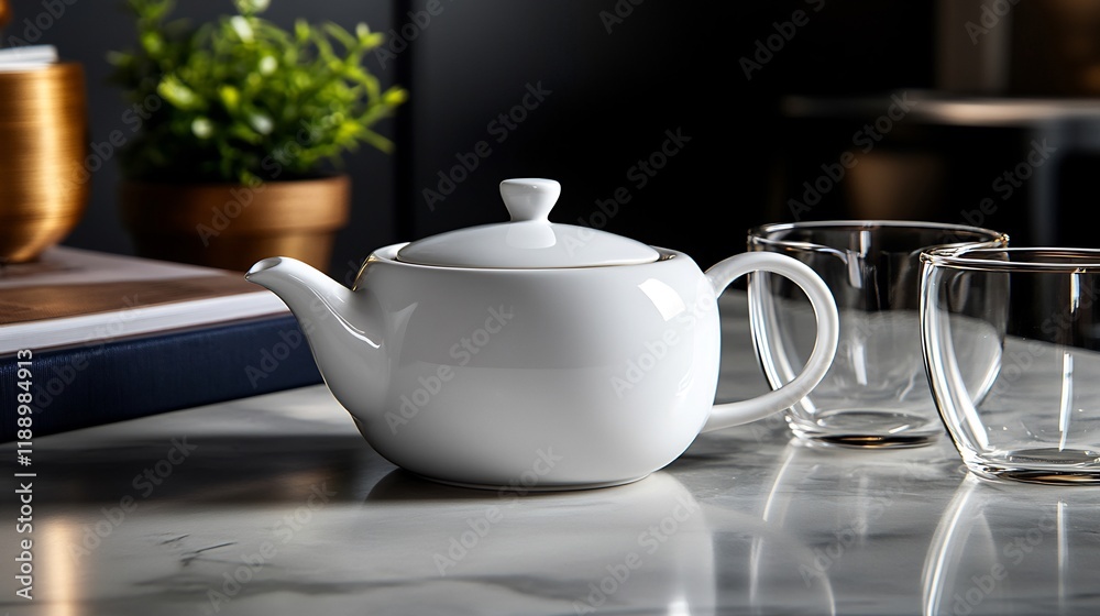 Elegant White Teapot and Glass Cups on Marble Surface Elegant White Teapot and Glass Cups on Marble Surface