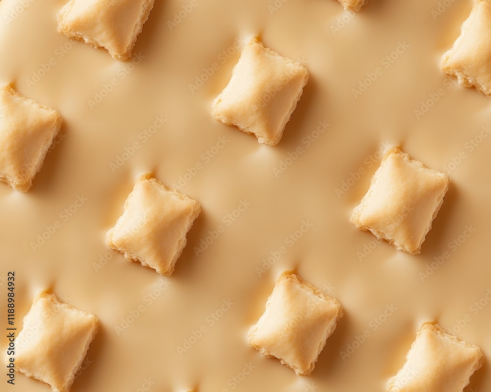 Golden pillow pastry pattern: aerial view of fluffy, square baked treats