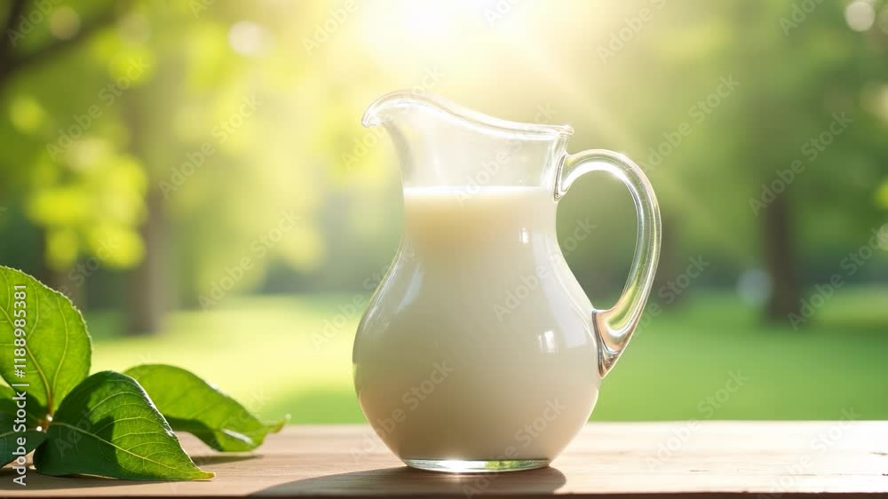 A glass pitcher filled with fresh milk is placed on a wooden surface, illuminated by soft light with vibrant greenery in the background A glass pitcher filled with fresh milk is placed on a wooden surface, illuminated by soft light with vibrant greenery in the background