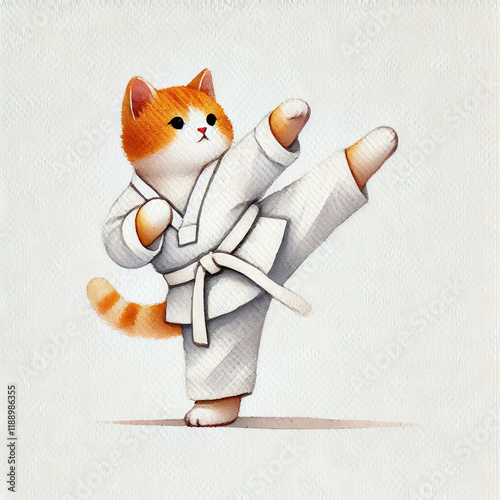 playful orange cat in karate uniform performs high kick on white background, showcasing its martial arts skills