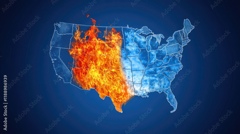 Obraz premium Map of the United States Divided into Fire and Ice - Symbolizing Climate Change, Political Division, or Natural Disasters