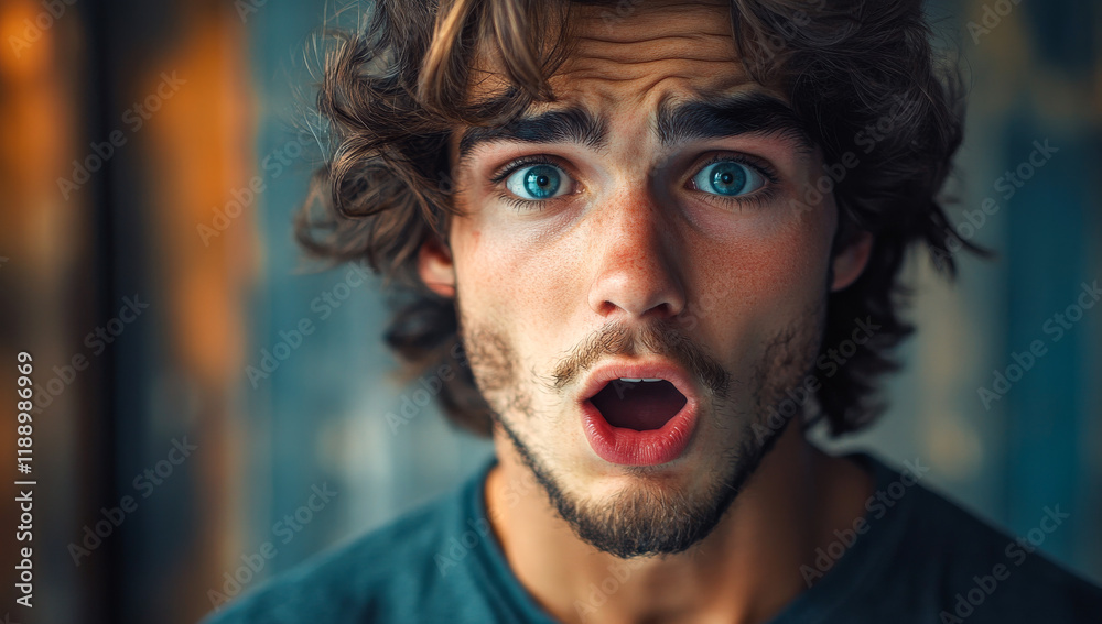 A man with a beard and blue eyes is looking at the camera with an open mouth. Concept of surprise or shock, as if the man has just received some unexpected news or encountered something surprising A man with a beard and blue eyes is looking at the camera with an open mouth. Concept of surprise or shock, as if the man has just received some unexpected news or encountered something surprising