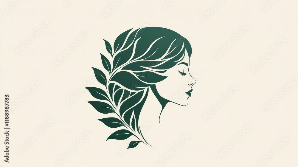 A woman with a leafy head is the main focus of the image. The leafy head is surrounded by a green background, which gives the impression of a natural and organic aesthetic A woman with a leafy head is the main focus of the image. The leafy head is surrounded by a green background, which gives the impression of a natural and organic aesthetic