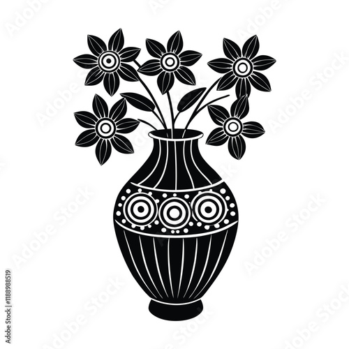 A vase with intricate zentangle-style flowers, featuring detailed, flowing patterns and swirls, creating a harmonious blend of art and nature in black and white.