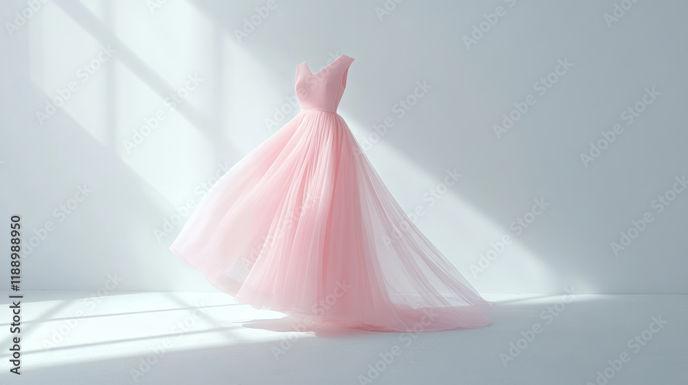 Elegant pink dress twirling in minimalist studio fashion photography bright natural light artistic perspective