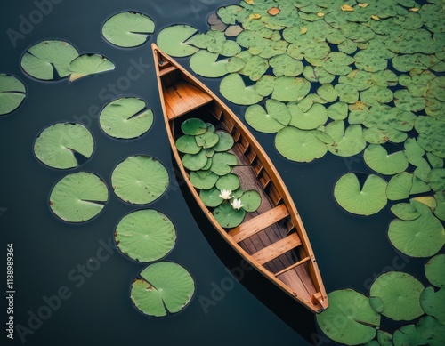 Top view of a wooden boat on a pond, surrounded by lily pads...Concept: Tranquil nature, boat on water, lily pads. photo