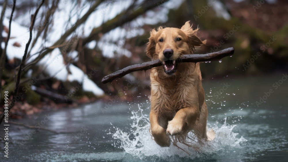 Golden retriever running, carrying large stick, splashing through water, foggy atmosphere, riverbank, action shot, joyful dog, outdoor adventure, nature photography, dynamic pose, wet fur, motion blur Golden retriever running, carrying large stick, splashing through water, foggy atmosphere, riverbank, action shot, joyful dog, outdoor adventure, nature photography, dynamic pose, wet fur, motion blur