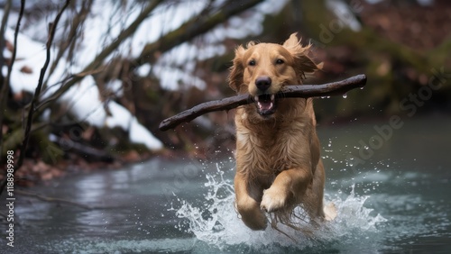 Wallpaper Mural Golden retriever running, carrying large stick, splashing through water, foggy atmosphere, riverbank, action shot, joyful dog, outdoor adventure, nature photography, dynamic pose, wet fur, motion blur Torontodigital.ca