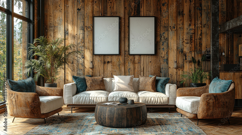 Obraz premium Rustic Living Room Design: Embrace a warm and inviting living space with this cozy rustic interior featuring a wooden wall, two empty picture frames, comfy armchairs and a white couch.