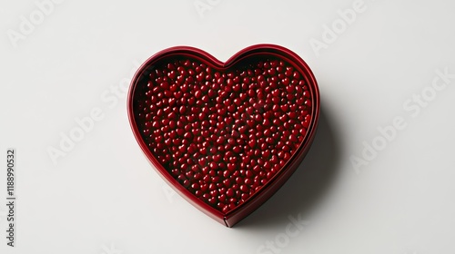 Heart-shaped gift box opened to reveal tiny red hearts, placed on a white background.