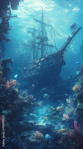Sunken Galleon Rests Beneath Ocean Depths Coral Reef