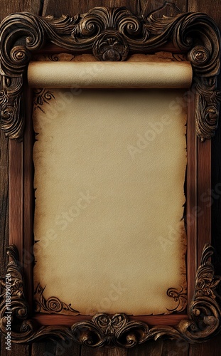 A blank parchment scroll on an ornate wooden frame photo