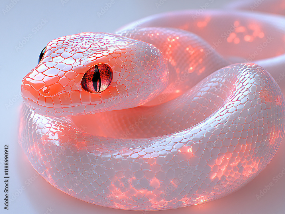 Fototapeta premium chinese new yer theme, a close-up of a pink snake with a glossy scales, coiled on a white surface.