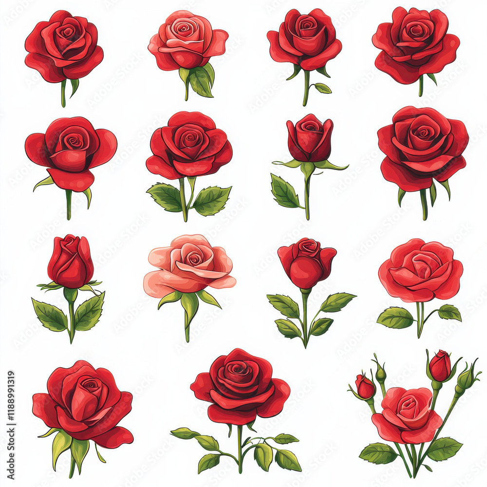 Fototapeta premium collection of 16 flat design roses in bloom, featuring deep red and soft pink hues with green leaves