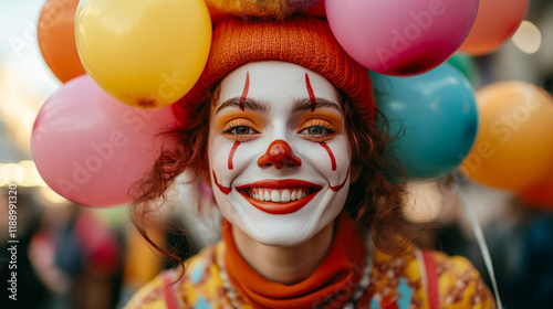 A woman in a clown costume with a red face and white face paint is smiling and holding a bunch of balloons photo