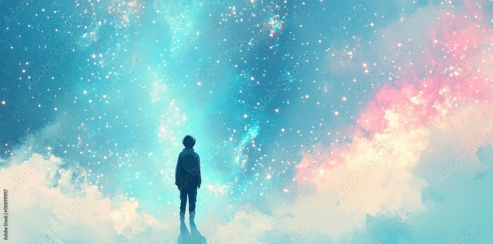 Child Gazing at a Celestial and Dreamlike Sky