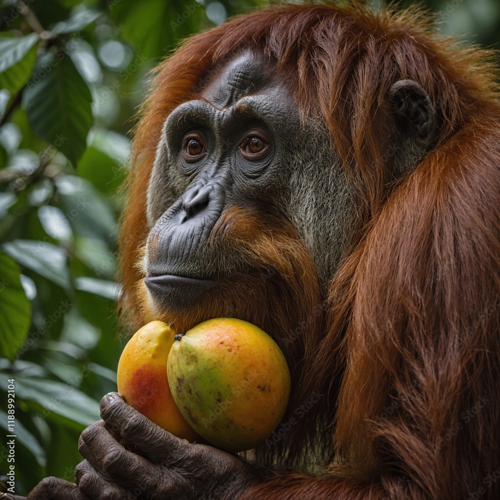 Fototapeta premium An adult orangutan in Borneo, Malaysia, captured on September 6, 2014, as it sits on a tree branch.