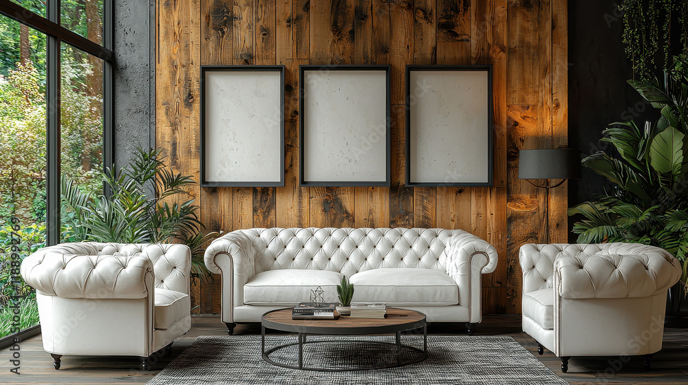 Obraz premium Modern Living Room with Wooden Wall: A stylish and modern living room features a white tufted sofa and armchairs, set against a rustic wooden wall with three framed prints.