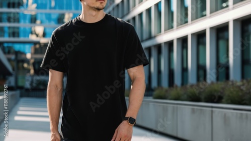 Urban setting, young man in black t-shirt, city buildings background, street photography, close-up portrait, casual style, confident pose, blurred background, moody lighting, architectural elements, m photo