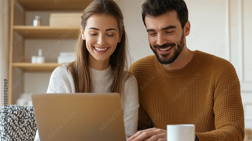 Fototapeta premium Happy Couple Collaborating on Laptop at Home Digital Connection Cozy Environment Intimate Viewpoint