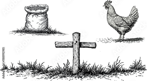 Rustic farm scene featuring fence, grass, chicken, grain sack, millet, and oats vector illustration