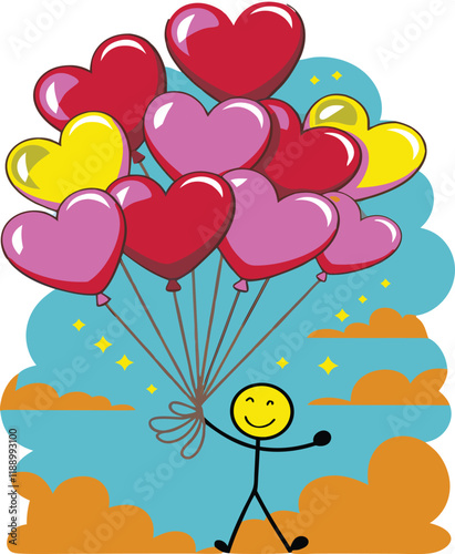 Happy Heart Balloon Stick Figure Illustration: A lively illustration of heart balloons carried by a stick figure, bringing a whimsical flair with its bright hues and a vibrant atmosphere of happiness.