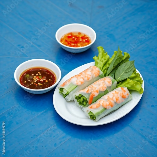 A plate of fresh summer rolls  Goi Cuon (Summer Rolls) with shrimp, vegetables, and herbs. Goi Cuon, Summer rolls, Vietnamese food, appetizers, snacks, rice paper, shrimp, vegetables, herbs, dipping s photo