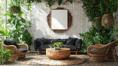 Jungle Living Room Mockup: A serene indoor scene featuring a lush, tropical-inspired living room with rattan furniture, abundant greenery, and a large blank frame for your design or artwork. photo