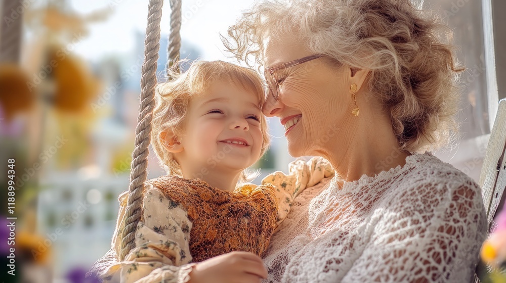 Obraz premium A loving grandma sitting on a porch swing, sharing laughter and affection with her grandchild on a sunny afternoon This heartwarming image captures the tender bond between generations, showcasing