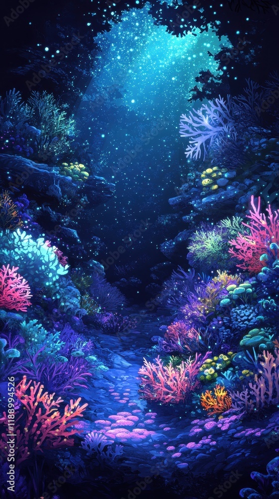 Obraz premium Bioluminescent Coral Reef Path Underwater Fantasy Scene