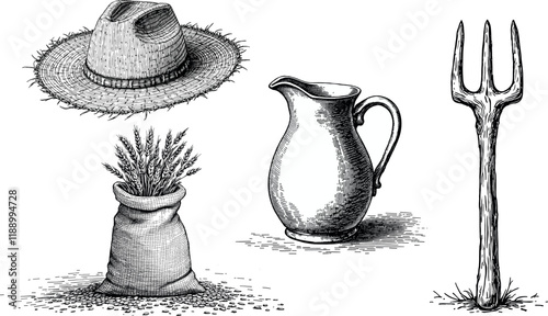 Vintage farm tools and accessories vector illustration in monochrome