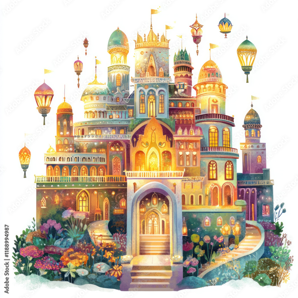 Obraz premium Whimsical Colorful Castle with Hot Air Balloons