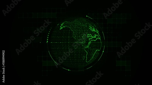 movement of green dots, contours of the globe on a dark background