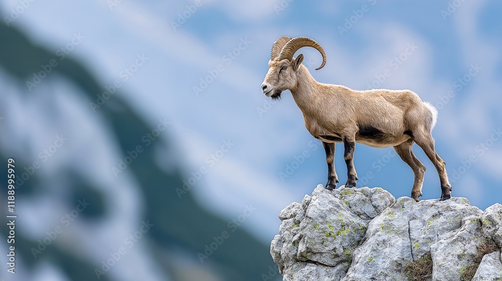 Majestic mountain goat stands proudly on rocky peak. Wild animal explores rugged terrain. Nature scene shows goat strength, balance. High altitude. Wildlife photo. Adventure landscape. Wildlife in Majestic mountain goat stands proudly on rocky peak. Wild animal explores rugged terrain. Nature scene shows goat strength, balance. High altitude. Wildlife photo. Adventure landscape. Wildlife in