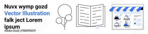 Text on left, balloons, open book, and digital storefront with avatars and icons on the right. Ideal for web design, marketing, education, celebrations, online shopping digital media and content
